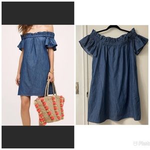 ANTHROPOLOGY Corey Lynn Calter Off-the-Shoulder Denim Dress. Size XS